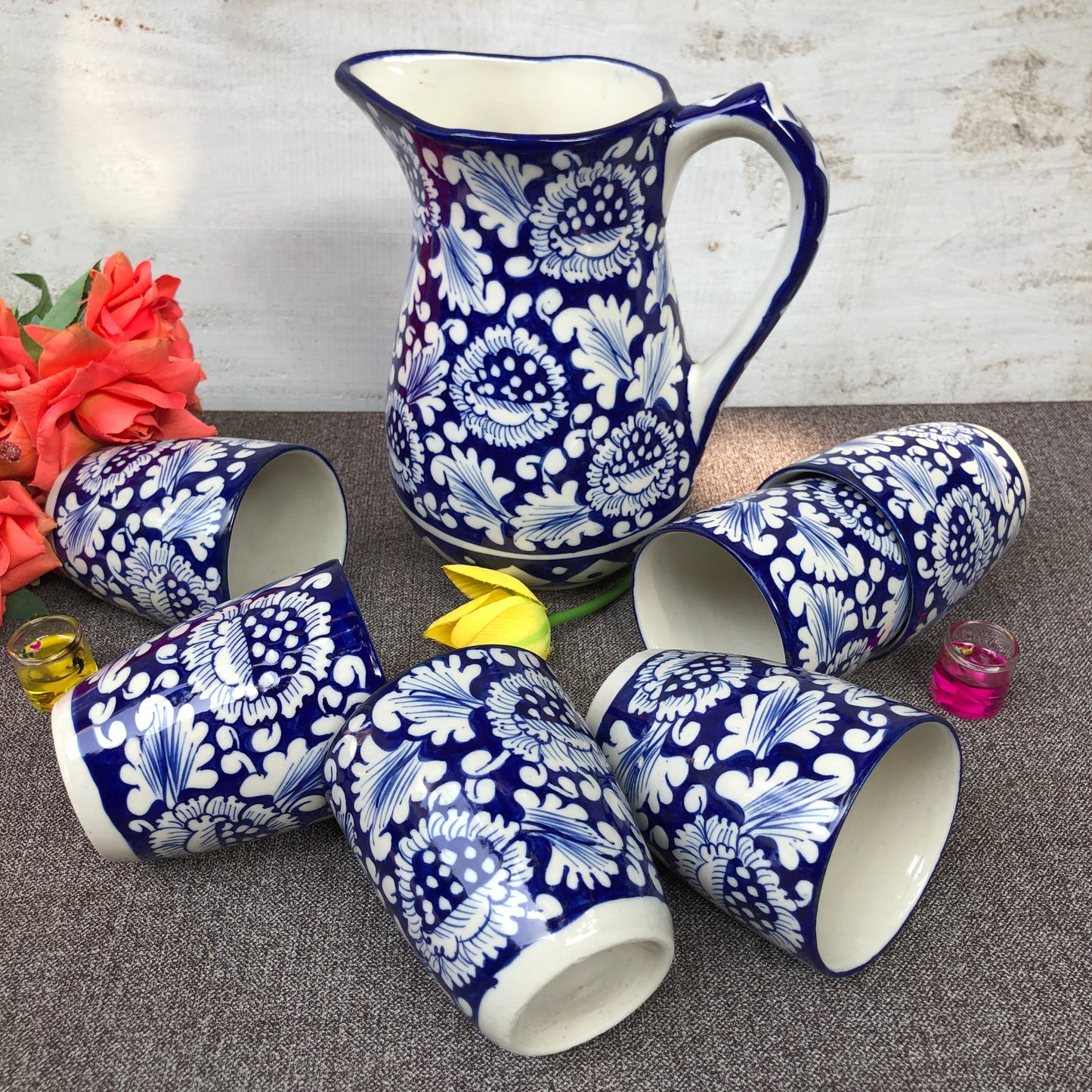 Blue Flower Jug With 6 Glasses
