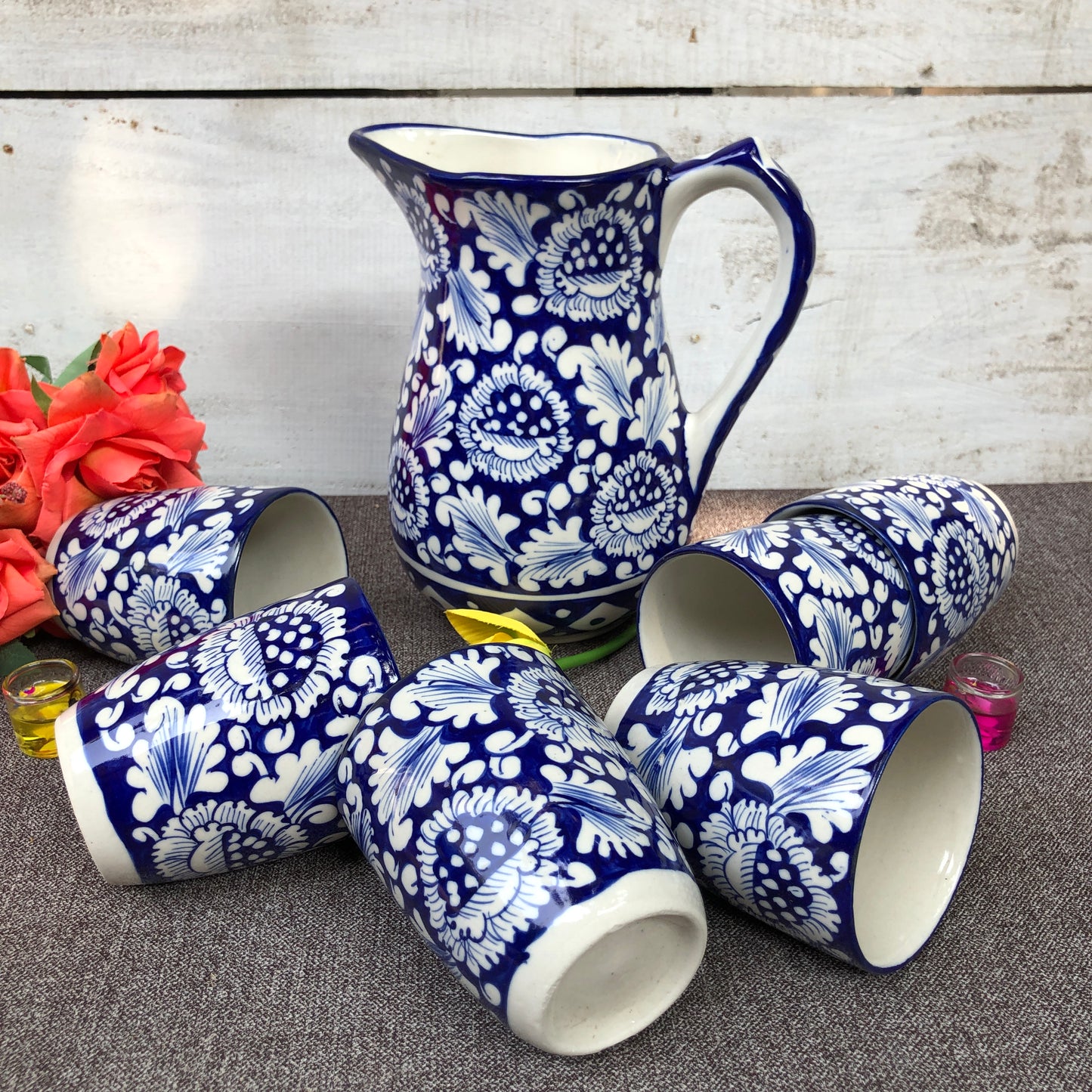 Blue Flower Jug With 6 Glasses