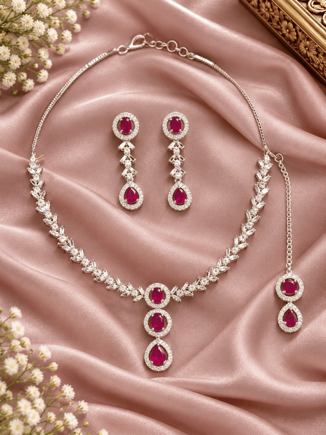 Silver Maroon Jewelry Set