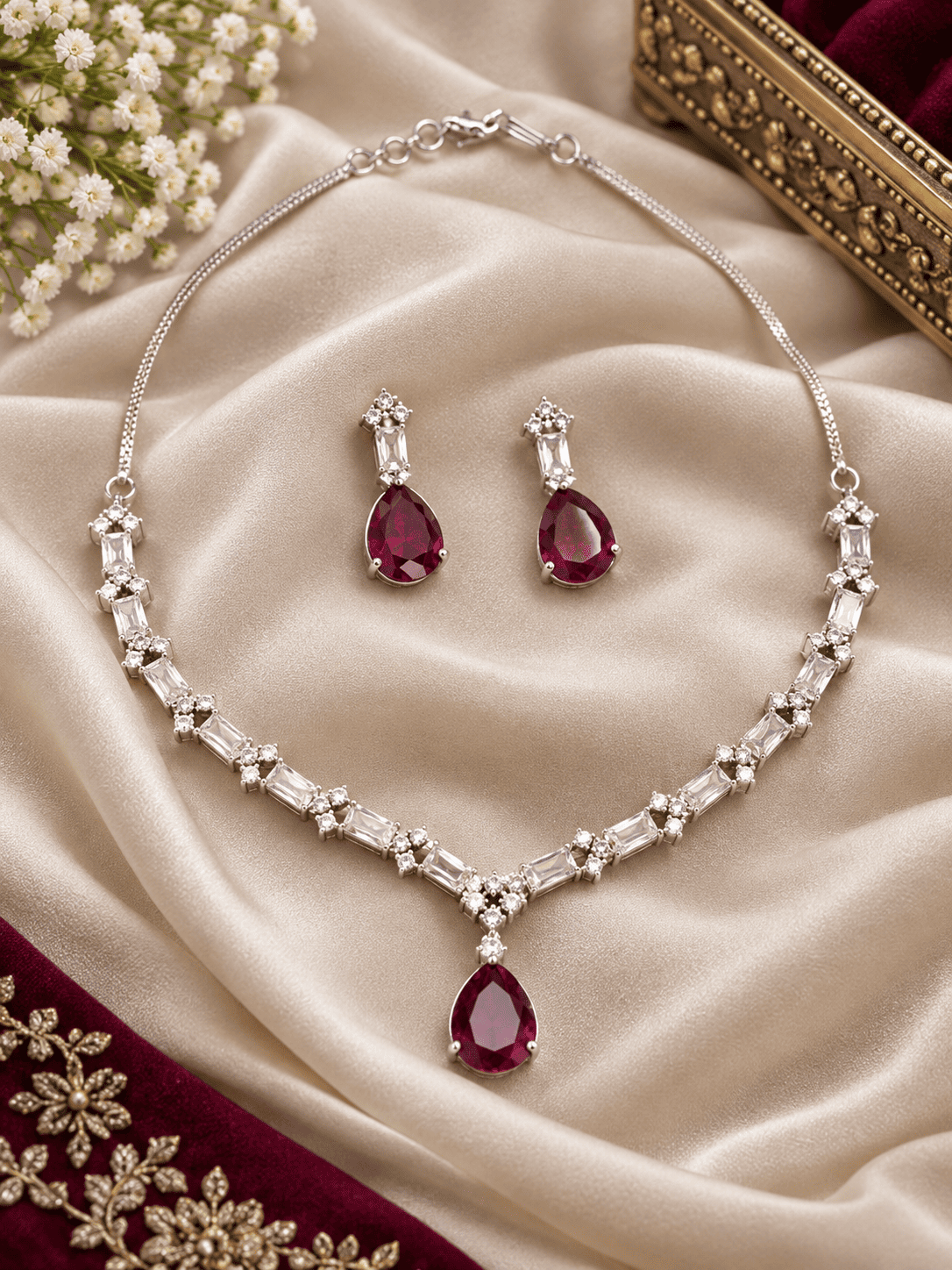 Silver Red Jewelry Set