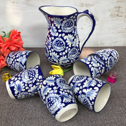 Blue Flower Jug With 6 Glasses