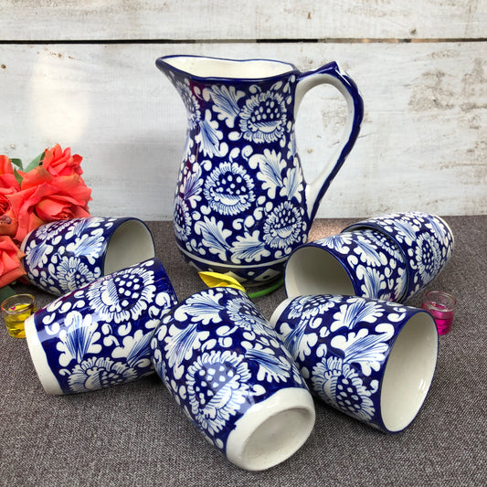 Blue Flower Jug With 6 Glasses