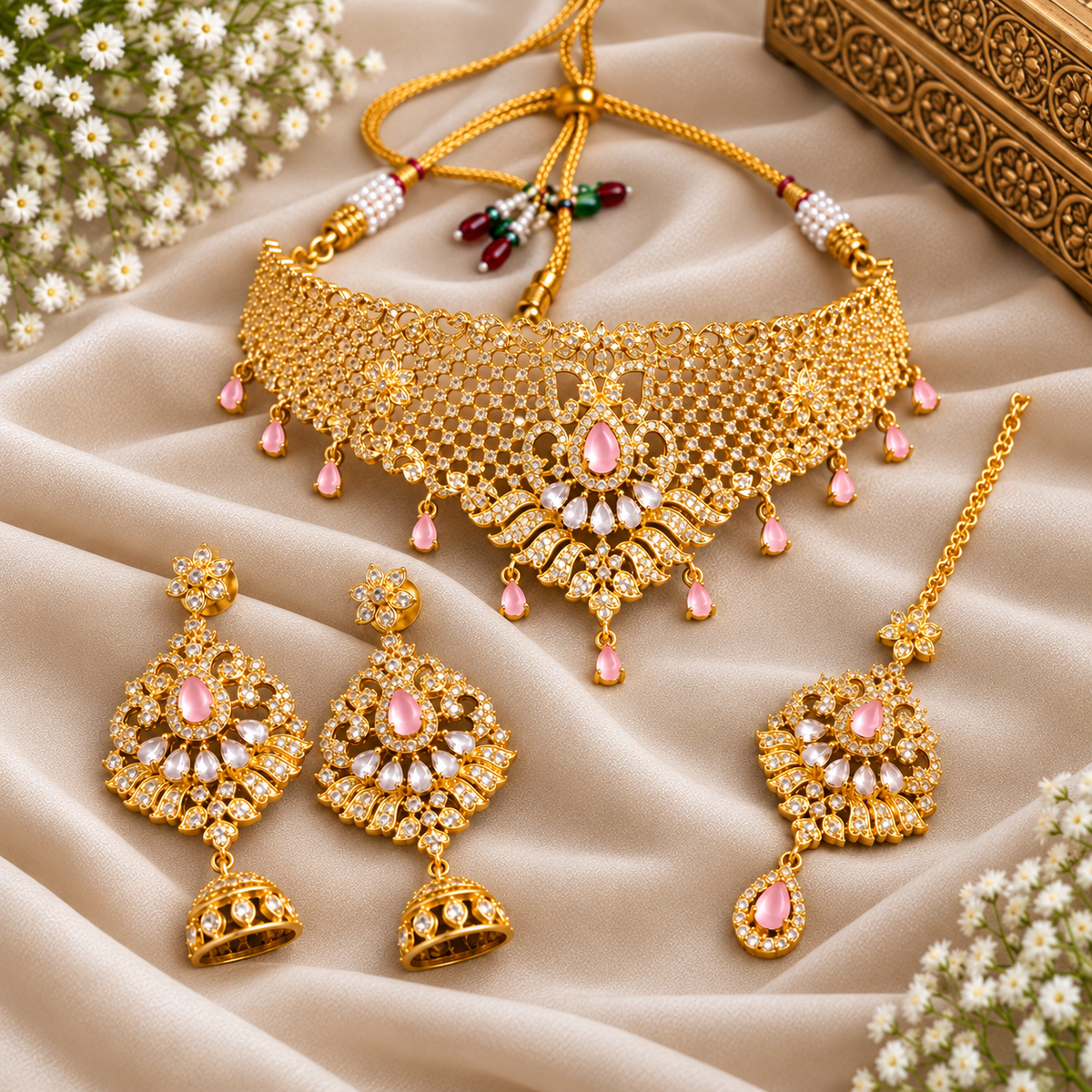 Pink Crystal Golden Jewelry Set