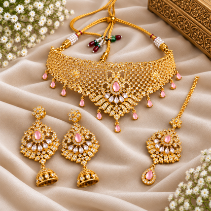 Pink Crystal Golden Jewelry Set