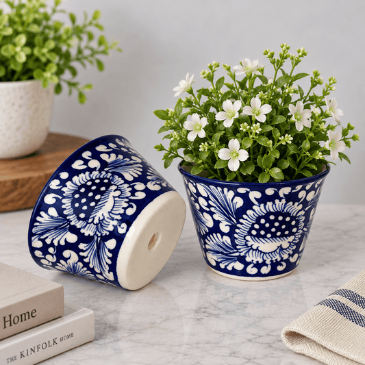 Blue Flower Mini Planter - Set of 2