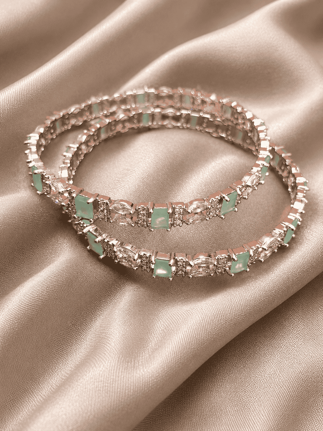Silver Sea Green Crystal Bangle