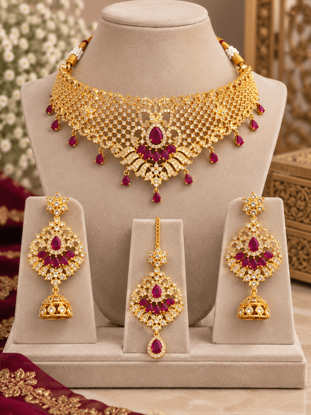 Maroon Golden Jewelry Set