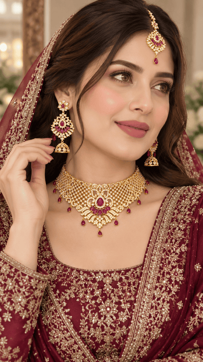 Maroon Golden Jewelry Set