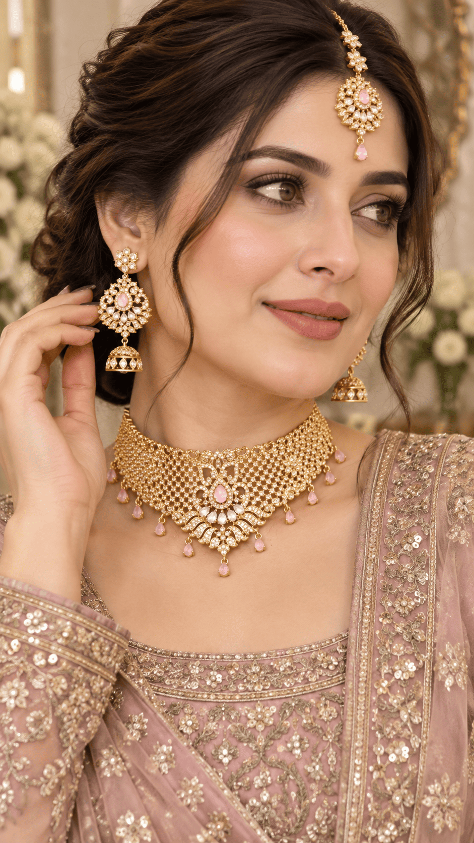 Pink Crystal Golden Jewelry Set