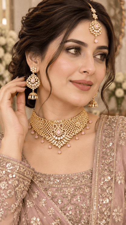 Pink Crystal Golden Jewelry Set