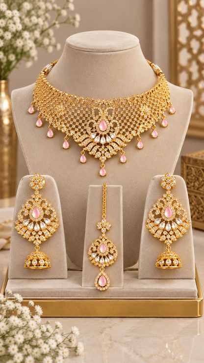 Pink Crystal Golden Jewelry Set