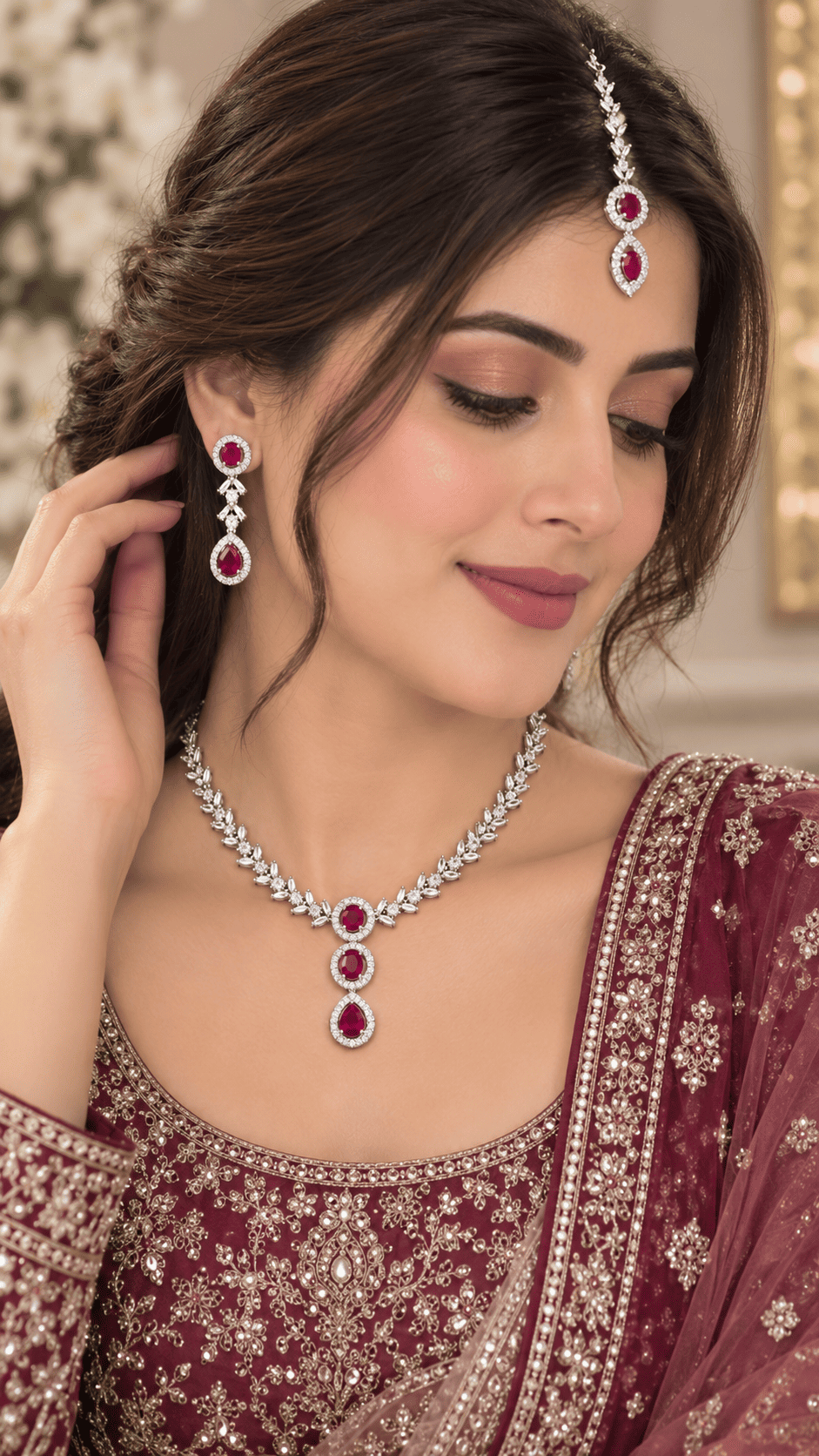 Silver Maroon Jewelry Set