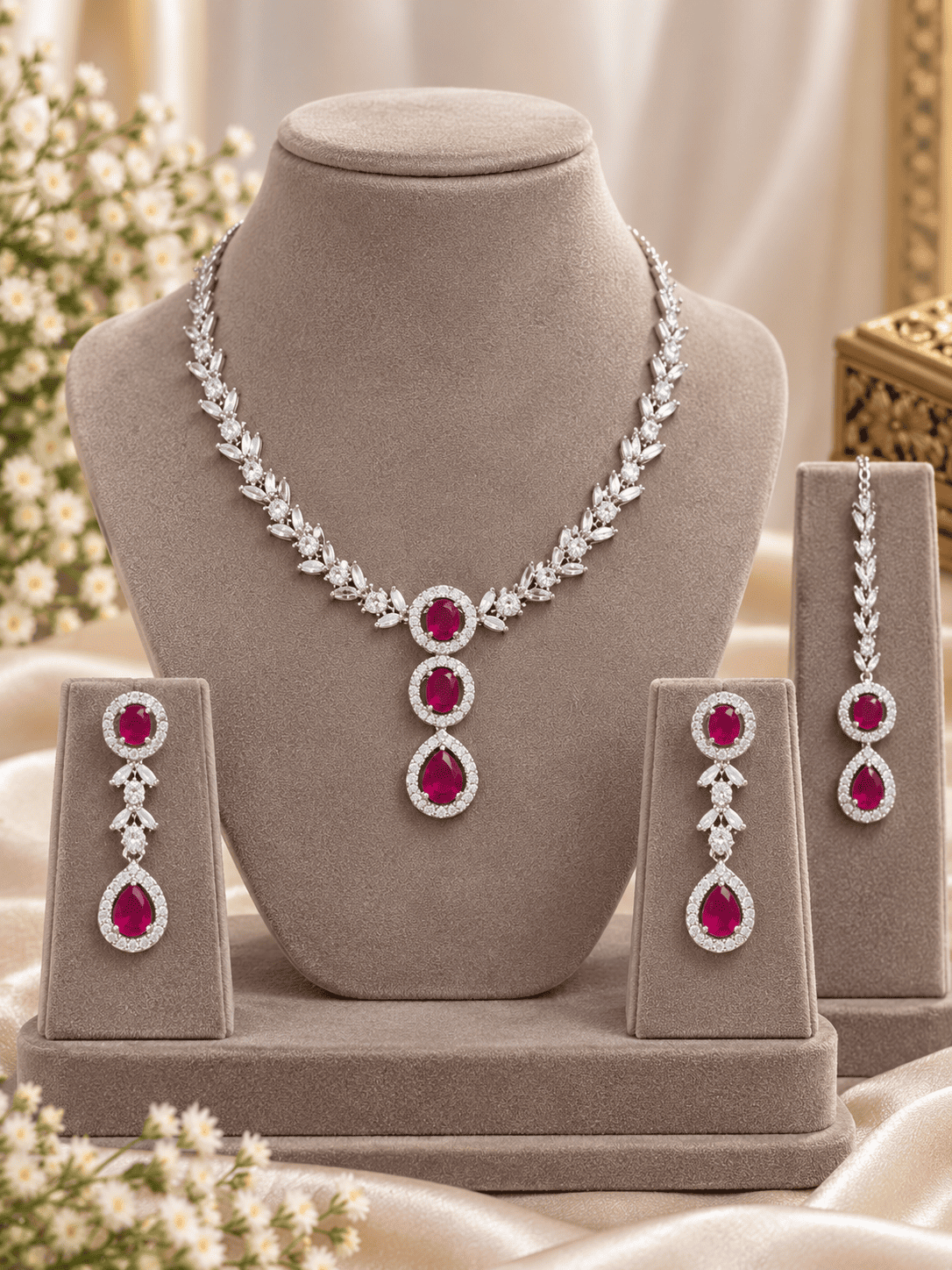 Silver Maroon Jewelry Set