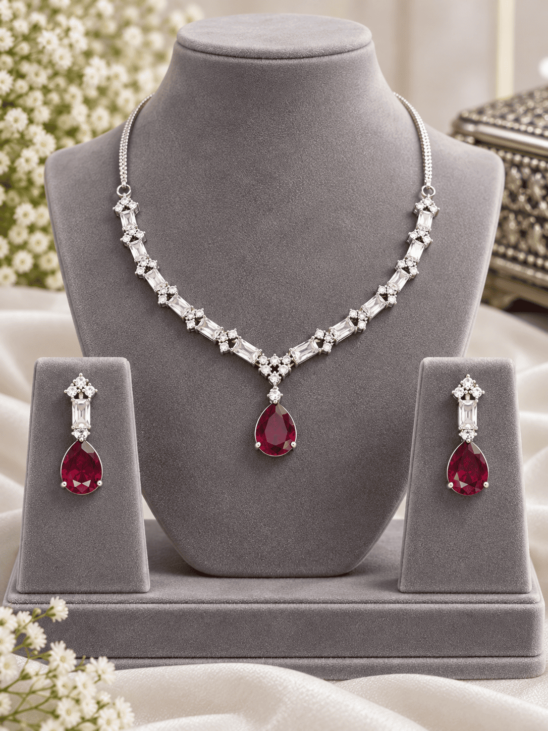 Silver Red Jewelry Set