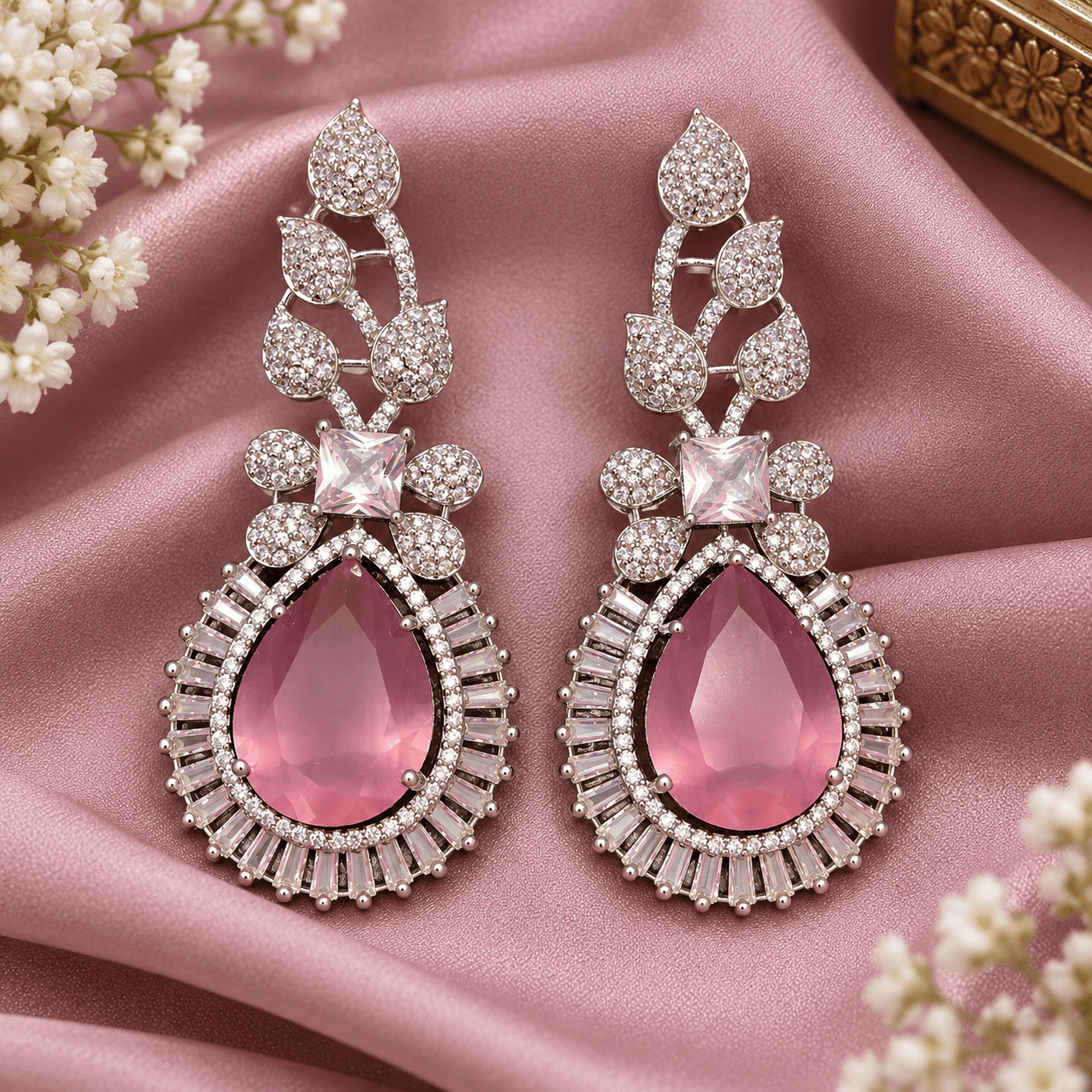 Silver Pink Teardrop Earrings