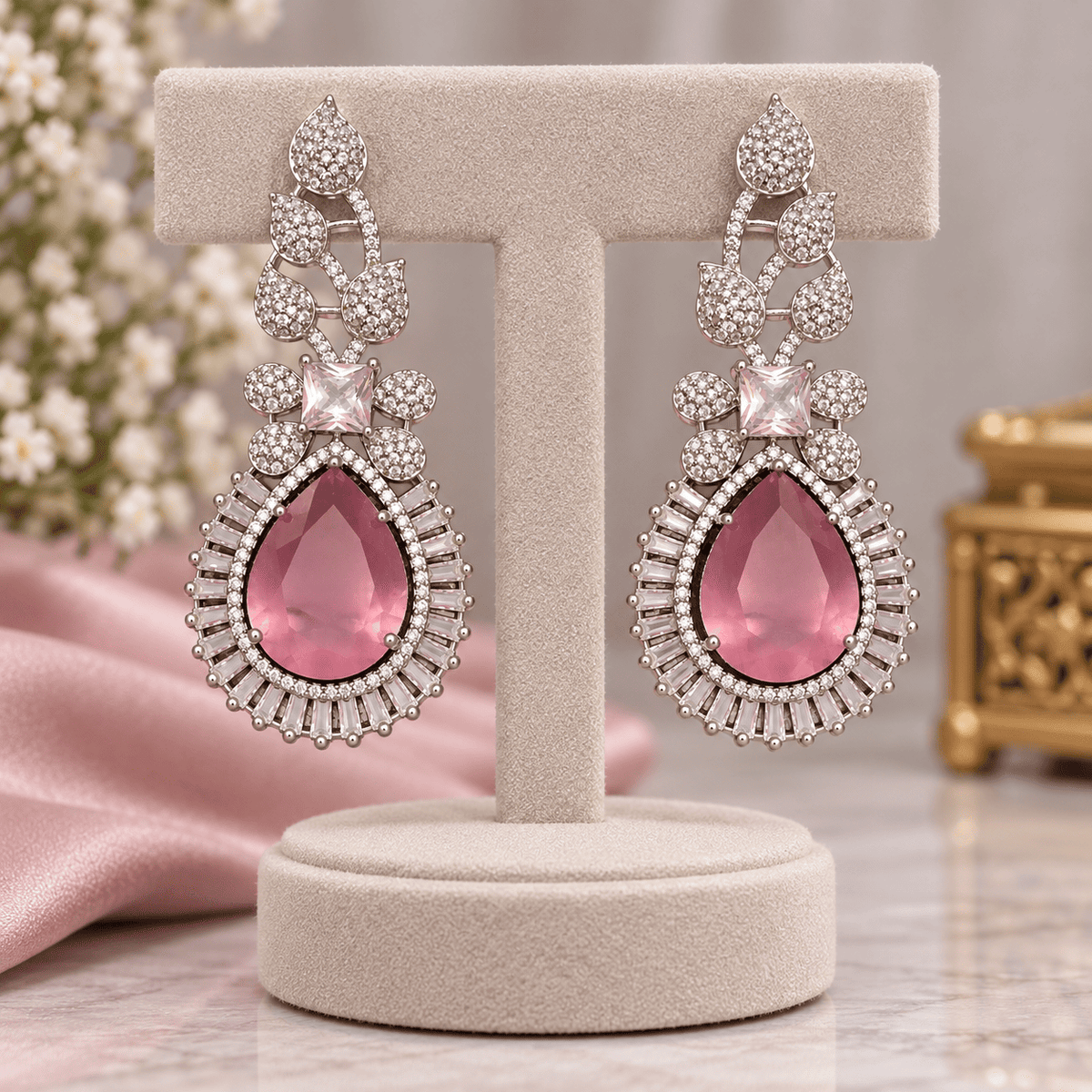 Silver Pink Teardrop Earrings