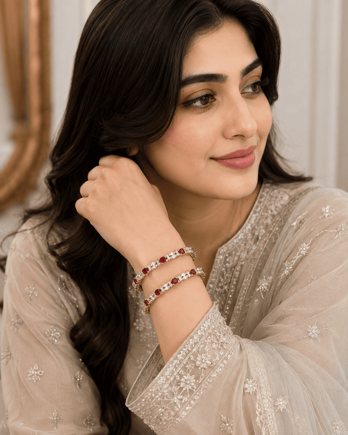 Silver Maroon Stone Bangle