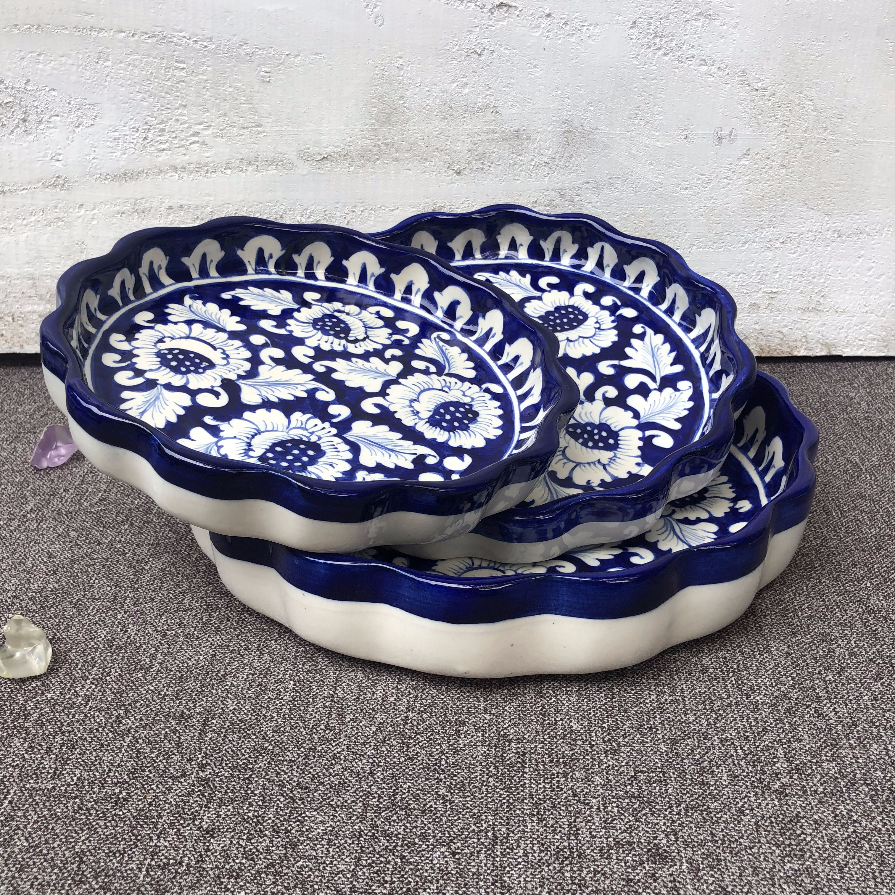 Blue Flower Round Dish - Set of 3